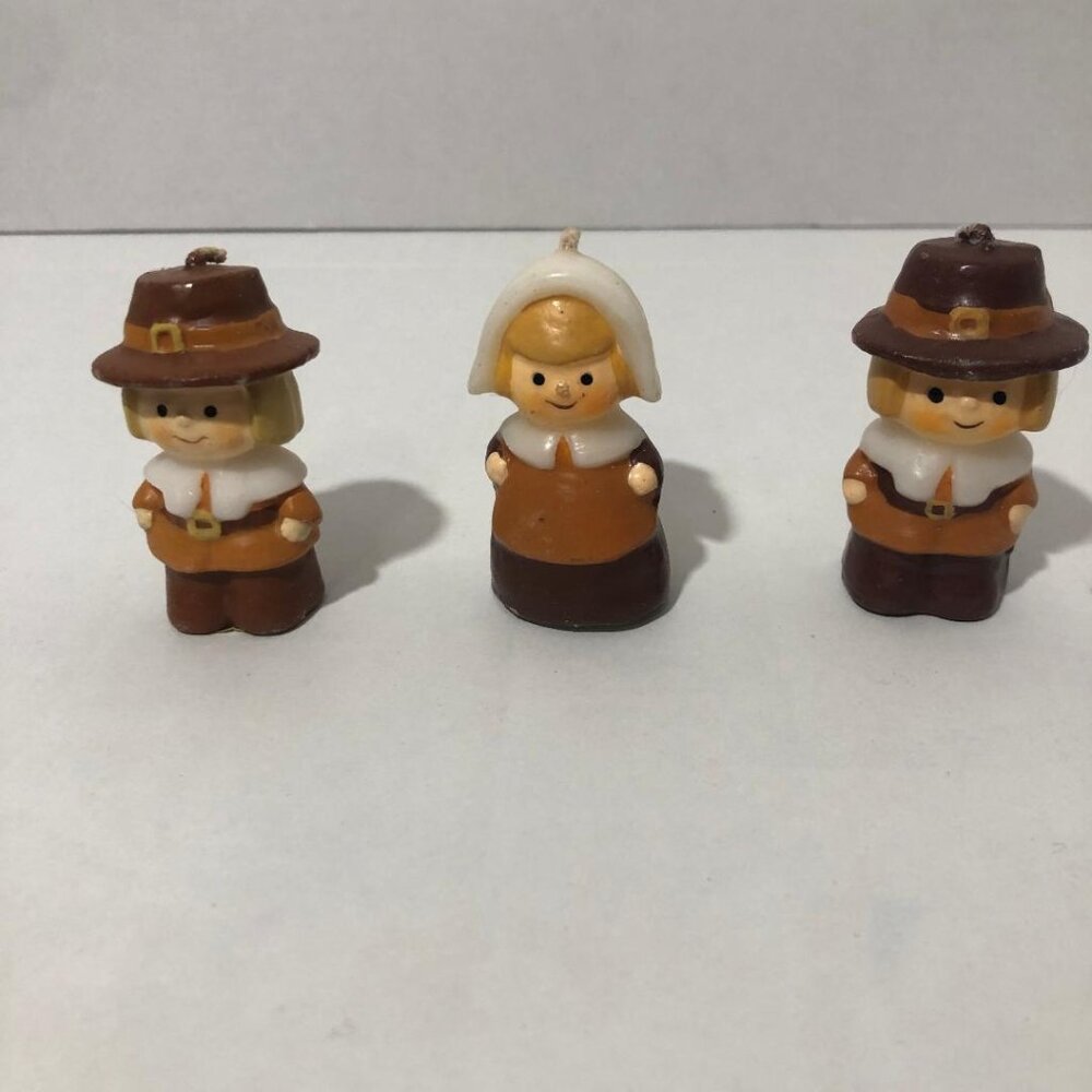 Vintage Thanksgiving Candles Hallmark Pilgrims 2 Boys 1 Girl Fall Autumn Decor
